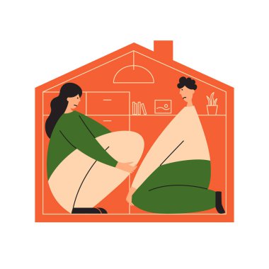Sad people sit in cramped apartment. Small family living space home. Frustrated man and woman in tiny house. Upset couple in limited room. Big house dream. Mortgage or loan demand vector illustration clipart