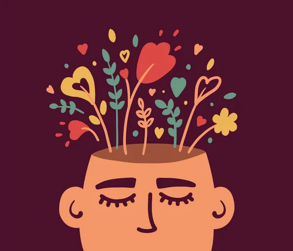 Zdrowie Psychiczne Koncepcja Wektora Psychologii Ludzka Głowa Kwiatami Środku Pozytywne — Wektor stockowy