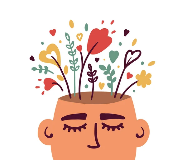 Mental Health Psychology Vector Concept Human Head Flowers Positive Thinking — Stock Vector