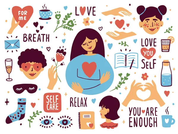 Vector Set Self Care Icons Love Relax Time Slow Life — Stock Vector