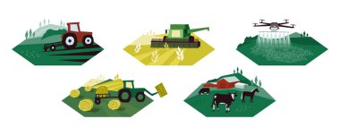 Set of agriculture activity illustrations. Icons of irrigation tractor, farm animals, combine harvester, drone. Vector for farming livestock, dairy industry. Cultivated and plowed land, cow, hay field clipart
