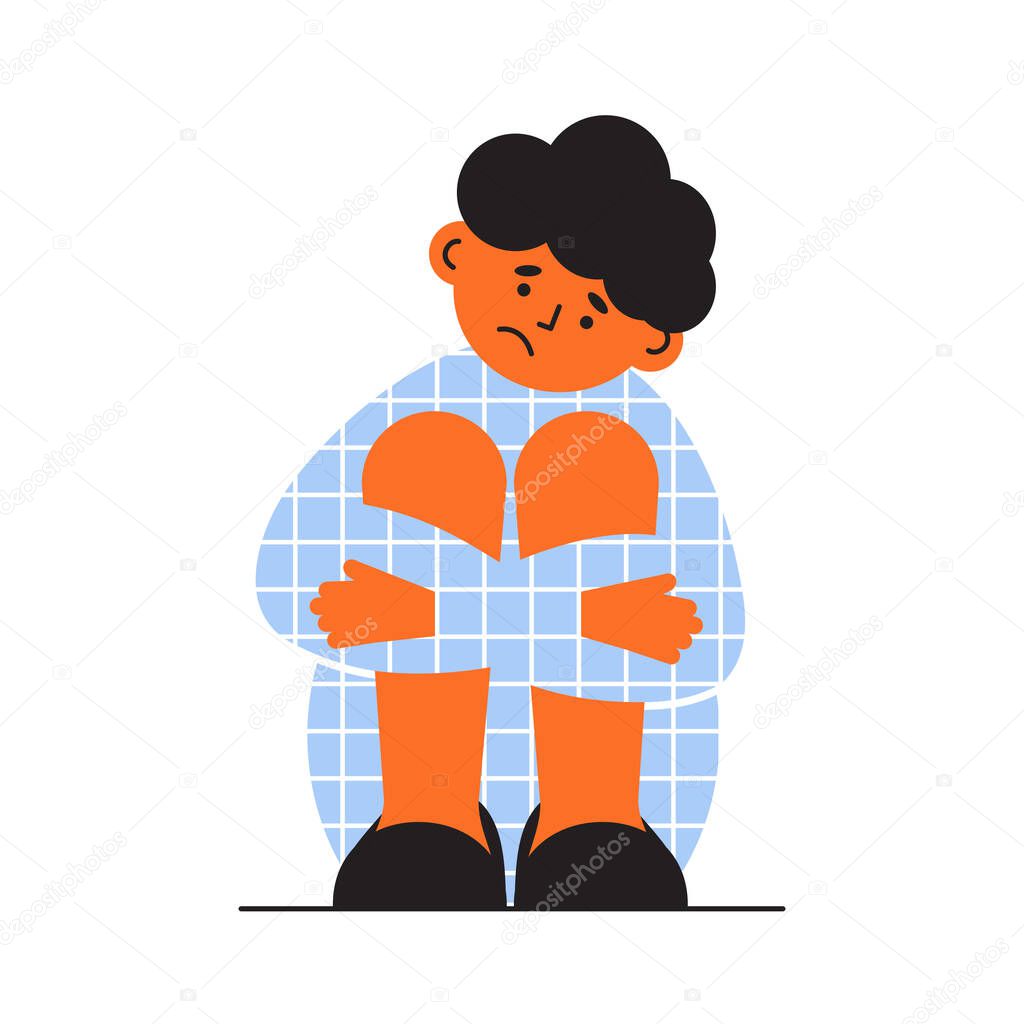 Sad lonely child sitting on floor and self embracing. Depressed boy in plaid pajamas hugging knees. Unhappy melancholy person. Frustrated man vector illustration. Sadness, mental health issue concept