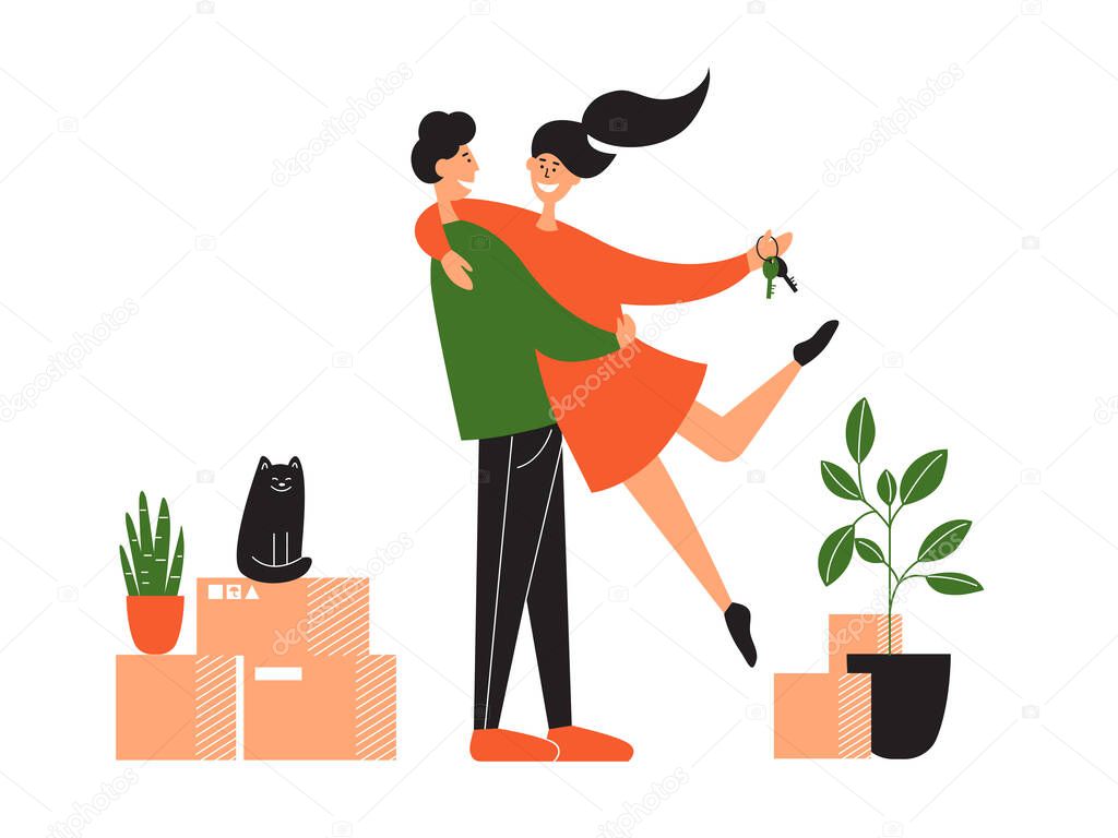Young couple relocation in new house or apartment. Mortgage concept. Happy home owners. Man holds woman with keys in hand. Family moving in flat with stuff boxes, houseplants, cat. Vector illustration