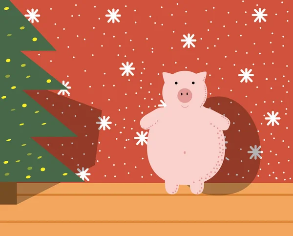 Pig Christmas Tree Room — Stock Vector