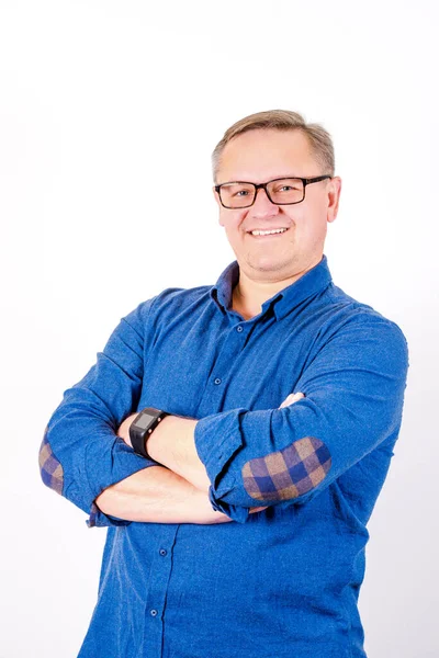 Smiling Middle Aged Men Glasses Blue Shirt — Stock Photo, Image