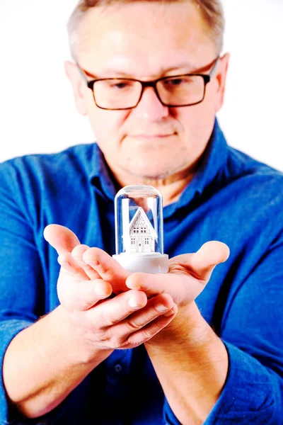 Middle Aged Men Glasses Toy House Blue Shirt — Stock Photo, Image