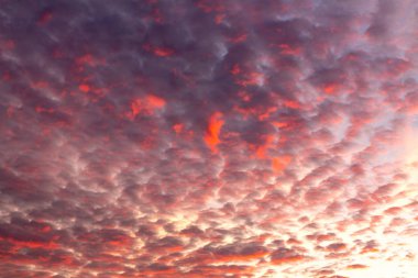 Yanan bulutlar güneşin arka planı. Ateşli bir gökyüzü gün batımında fotoğraf. Ateşli bulutlar gökyüzü. Herhangi bir tasarım için uygundur..