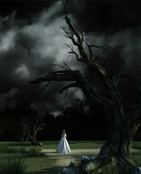 Жінка Привид Білій Сукні Моторошному Лісі Ілюстрація — стокове фото