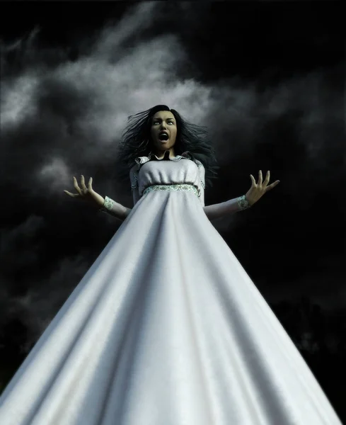 幽灵妇女在白色礼服在恐怖 Forest — 图库照片