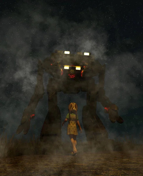 女孩寻找一个巨大的机器人在前面的 Her 夜间场景 — 图库照片