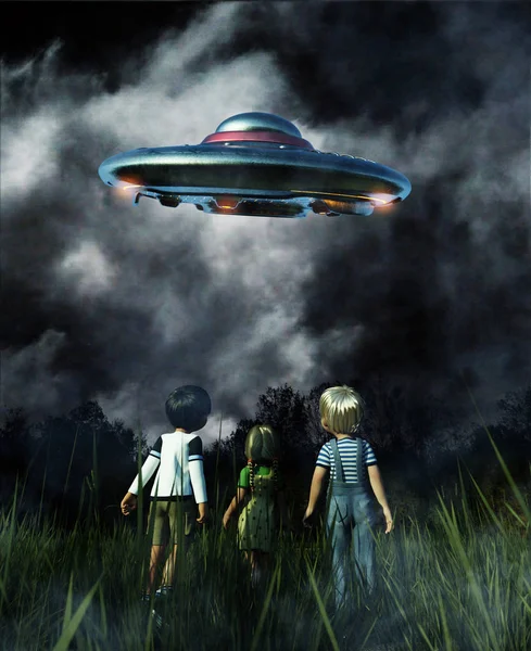 Παιδιά Βλέπουν Ένα Πιατάκι Ufo Στον Ουρανό Νύχτας Απεικόνιση — Φωτογραφία Αρχείου