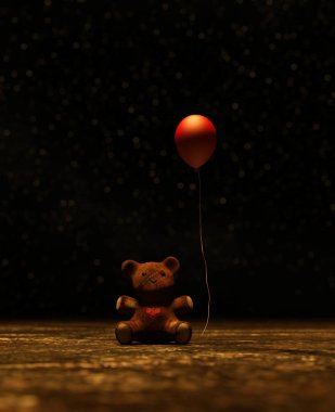 Eski oyuncak ayı karanlıkta kırmızı balon ile 3d çizim