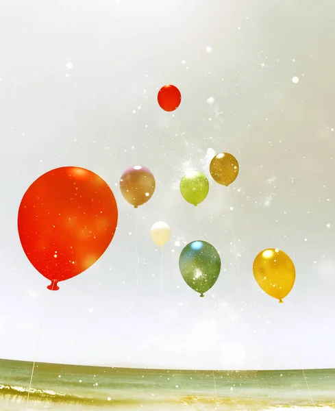 Απεικόνιση Του Πολύχρωμα Μπαλόνια Στον Ουρανό Μικτή Medi — Φωτογραφία Αρχείου