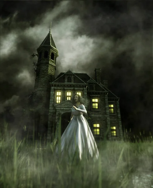 お化け屋敷の イラストレーションから逃げている女性 — ストック写真