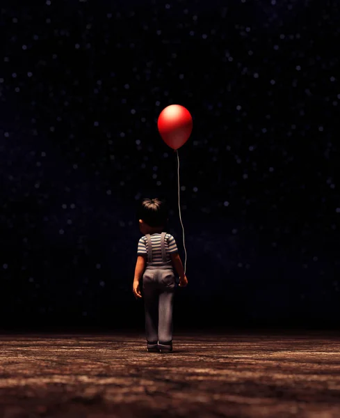 男孩与红色气球在 Dark — 图库照片