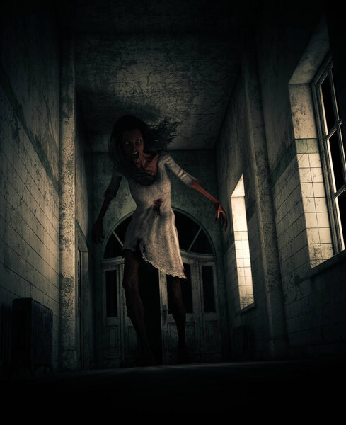 3d illustration of ghost woman in haunted house