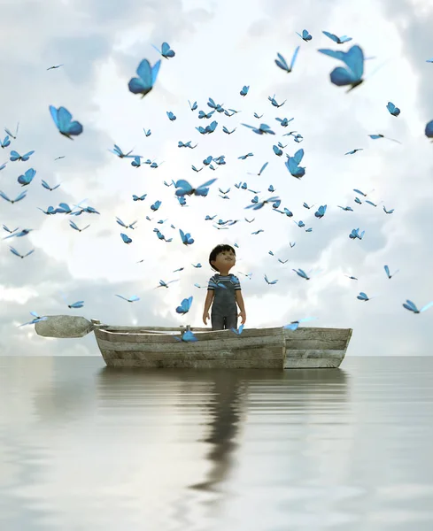 男孩站在一个古老的木划艇在海里 并期待着一群蝴蝶飞行以上的 Sky — 图库照片