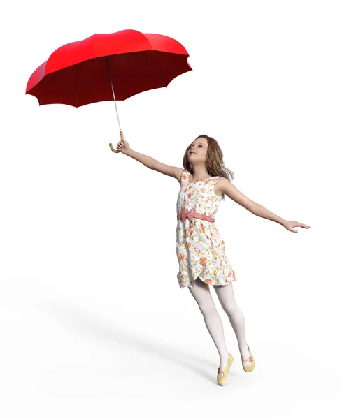 Vykreslování Šťastná Dívka Deštníkem — Stock fotografie