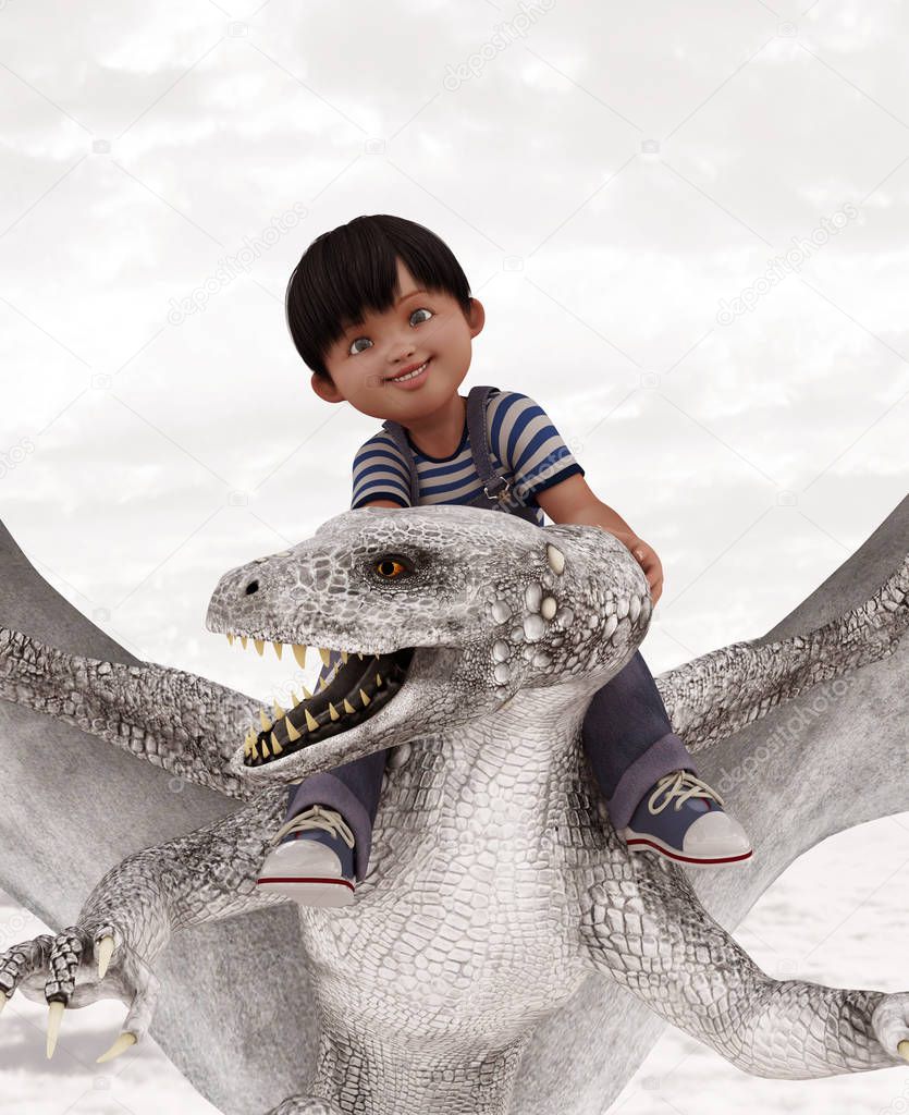 boy riding the dragon,3d illustration