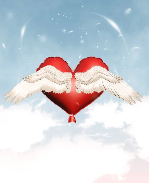 愛が飛ぶことができる 図で赤いハートの風船 — ストック写真