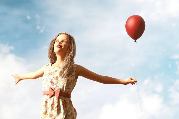 イラストレーション赤い風船を持った女の子 — ストック写真