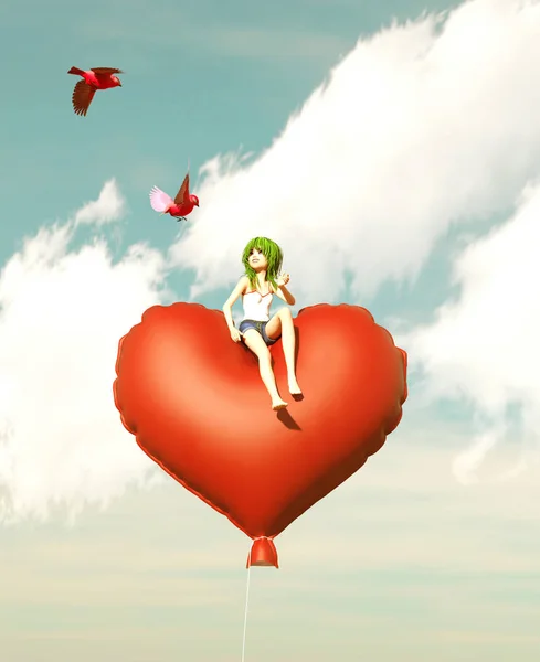 Girl Sitting Red Heart Balloon Looking Birds Illustration — Free Stock Photo