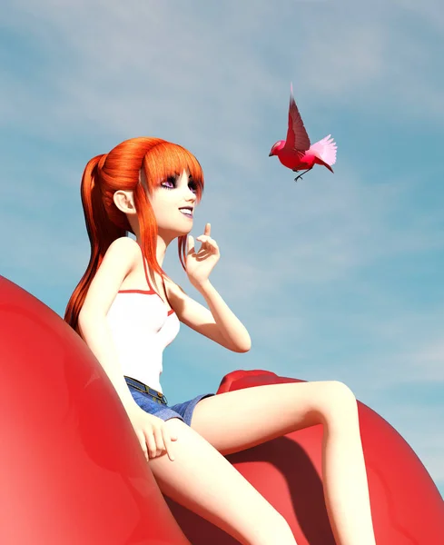 Girl Sitting Red Heart Balloon Looking Bird Illustration — Free Stock Photo