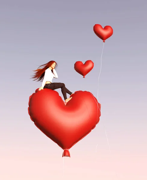 Girl Sitting Red Heart Balloon Illustration — Stock Photo, Image