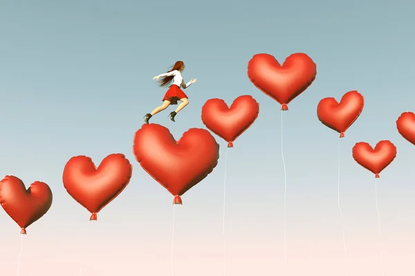 Κορίτσι Άλμα Τρέξιμο Στην Κόκκινη Καρδιά Μπαλόνια Απεικόνιση — Δωρεάν Φωτογραφία