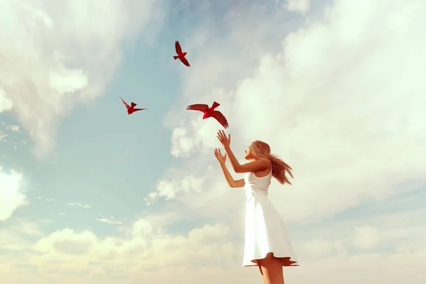 活在你的自由 女孩释放鸟类的 Sky — 图库照片