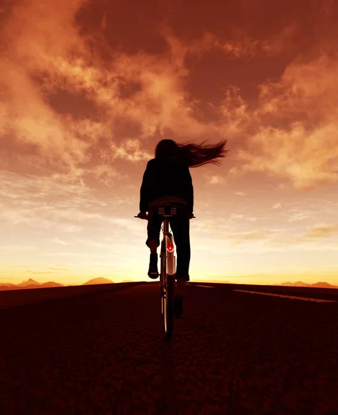 Девушка Велосипеде Улице Улице Рассвете Закате Иллюстрация — Бесплатное стоковое фото