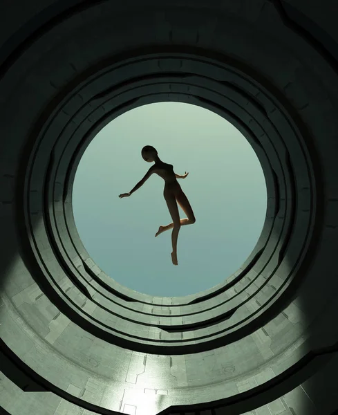 女孩漂浮在现代街区的开阔墙上 幻想科幻3D — 图库照片