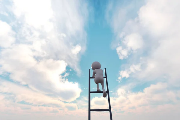 3d illustration of 3d stick man climbing stair to the sky for pursuit his dream