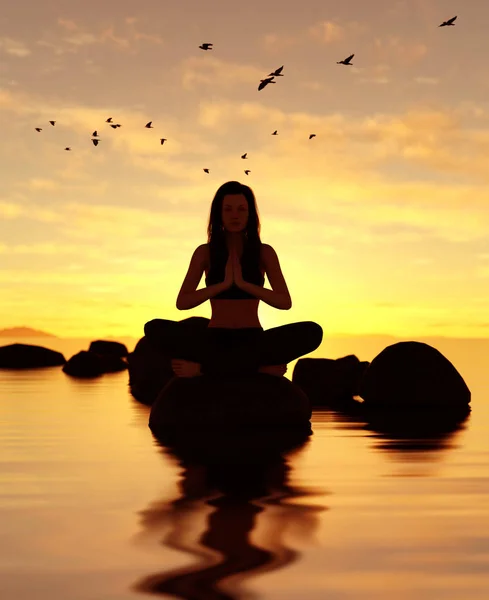 Deniz Kenarındaki Taş Üzerinde Meditasyon Yoga Yaparken Siluet Kadın Çizimi — Stok fotoğraf
