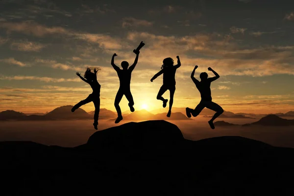 3d illustration of silhouette group of happy  traveller  jumping on top of the mountain at sunset