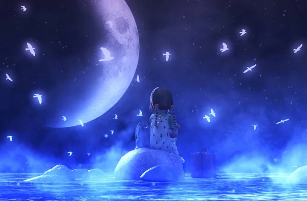 女孩坐在户外与她的猫在星光灿烂的夜晚幻想 Sky 插图概念背景 — 图库照片