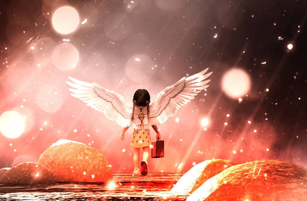 星降る夜 イラストの概念的な背景の小さな天使の冒険 — ストック写真