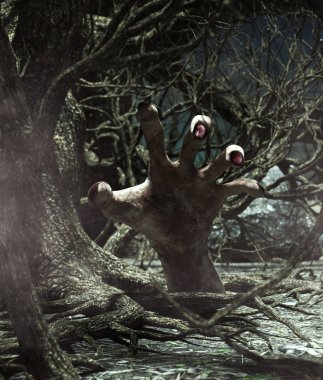El perili forest, kitap Illustration veya kitap kapağı için 3d çizim toprağa yükselen Monster 