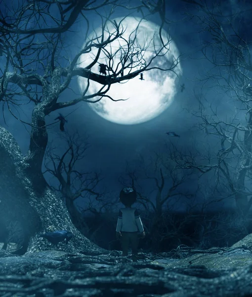 Boy Walking Alone Night Moonlight Boy Lost Haunted Forest Rendering — Stock Photo, Image