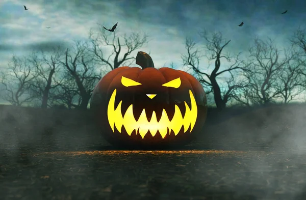 Halloween Pumpa Läskiga Skogen Natten Illustration För Halloween Konceptet Bakgrund — Stockfoto