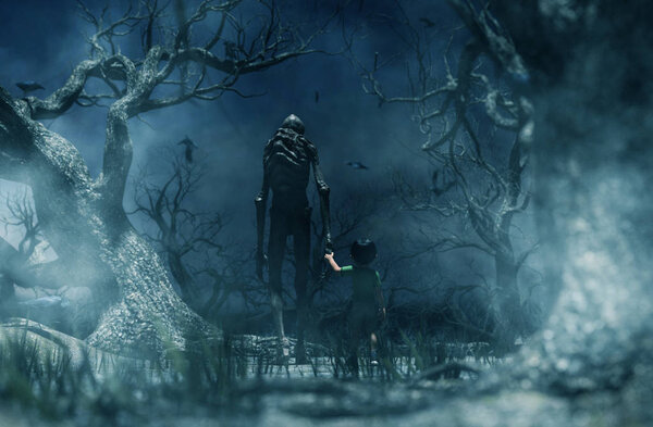 Кошмар с Страшилой, Мальчик похищен мифическим существом по имени Страшилище в жутком лесу, 3d иллюстрация
