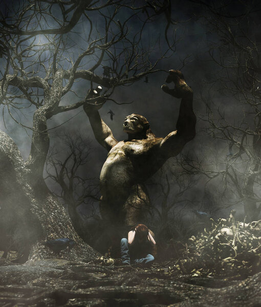 Troll attack a woman in the woods,3d illustration for book illustration or book cover 