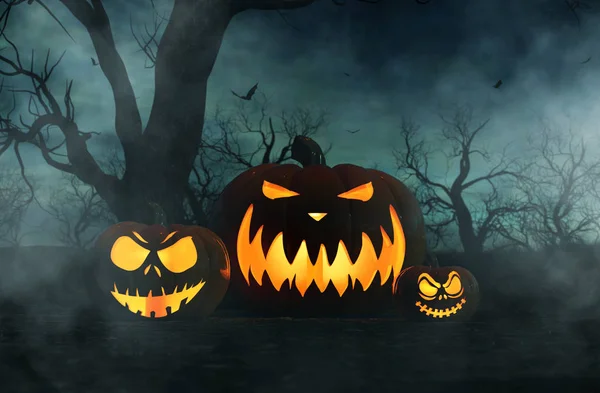 Halloween pumpkin in creepy forest at night,3d illustration for halloween concept background