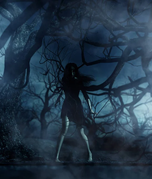 Hayalet kadın kitap Illustration veya kitap kapağı için 3d çizim ormanda, 