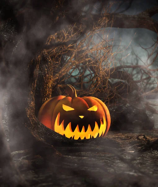 夜の不気味な森林 ハロウィーンのコンセプトの背景に イラストのハロウィンかぼちゃ — ストック写真