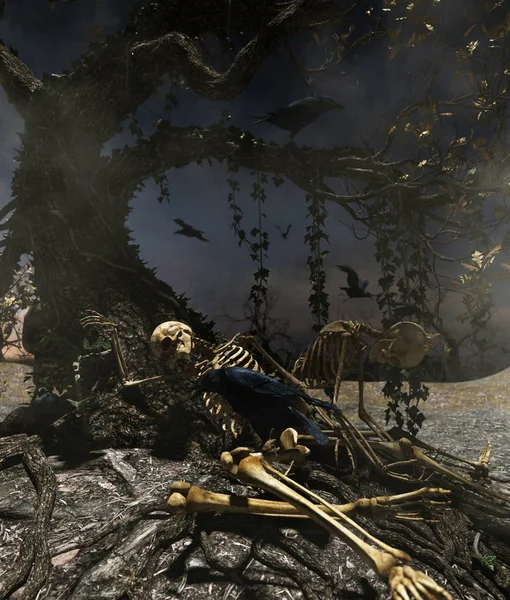 Espere Hasta Que Muerte Dos Esqueleto Humano Bajo Árbol Noche — Foto de Stock