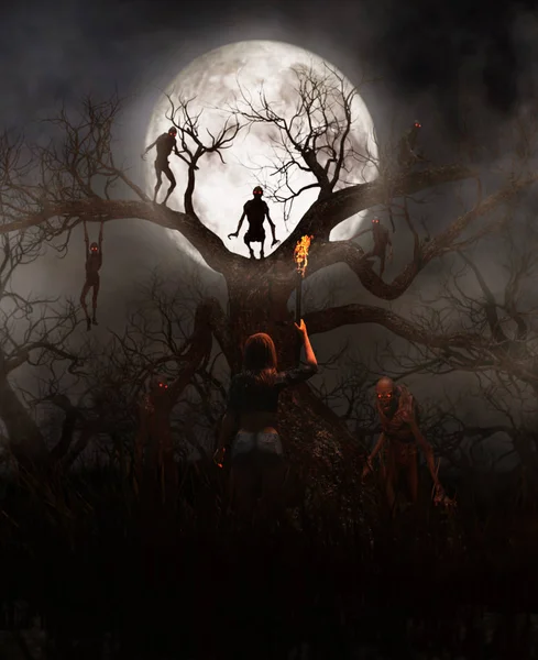Mardröm Träd Kvinna Upptäck Mytisk Varelse Samtal Spöke Läskiga Skogen — Stockfoto