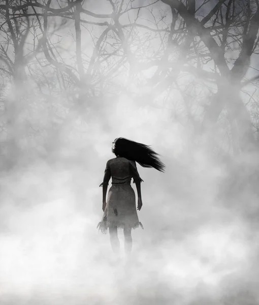 霧の森 挿絵や本のカバーの の混合メディアの幽霊女 — ストック写真