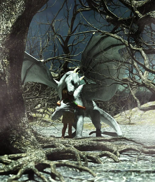 Girl hugging a dragon in creepy forest,3d Mixed media for book illustration or book cover