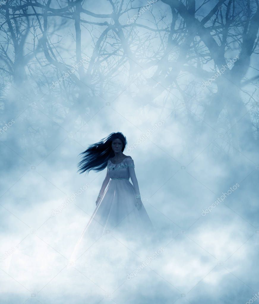 Ghost woman in foggy forest,3d Mixed media for book illustration or book cover 